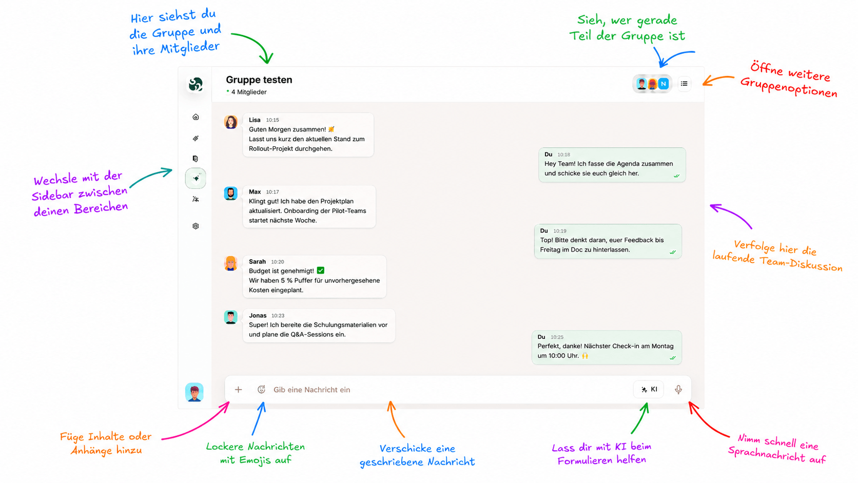 Group chat with emoji, voice messages and AI support