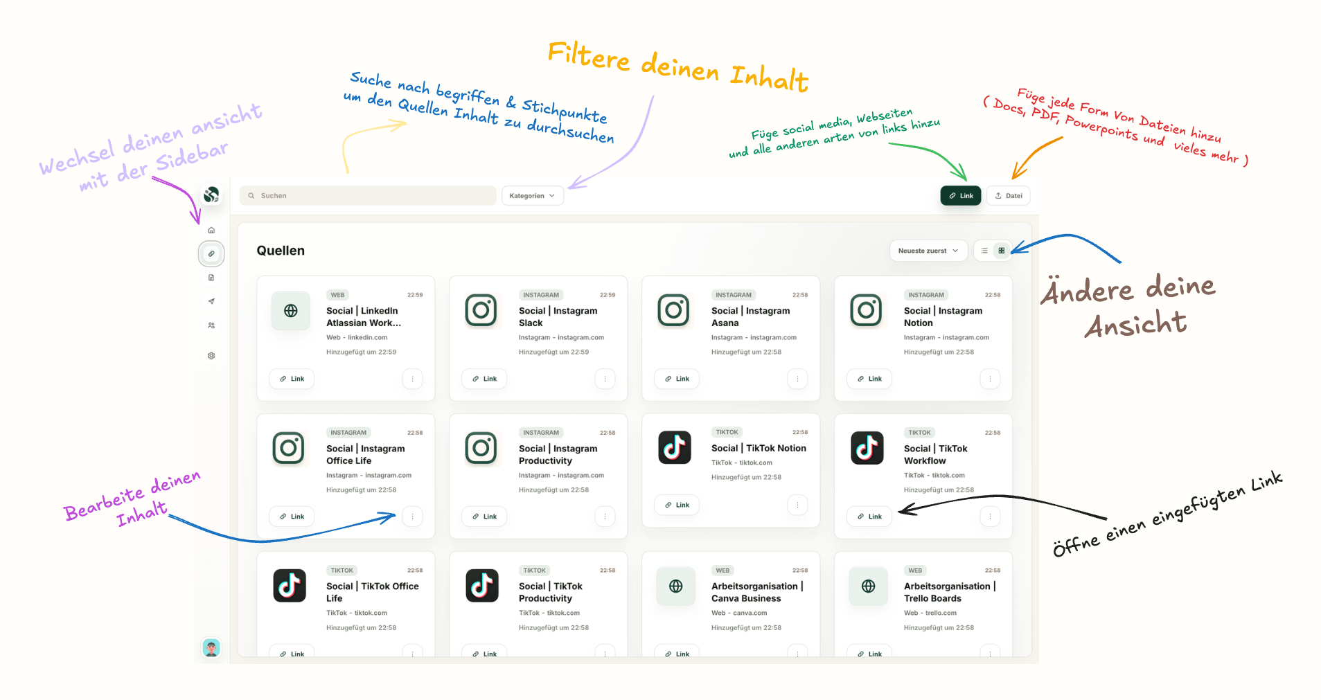 The Sources view: links, files and categories in one shared place