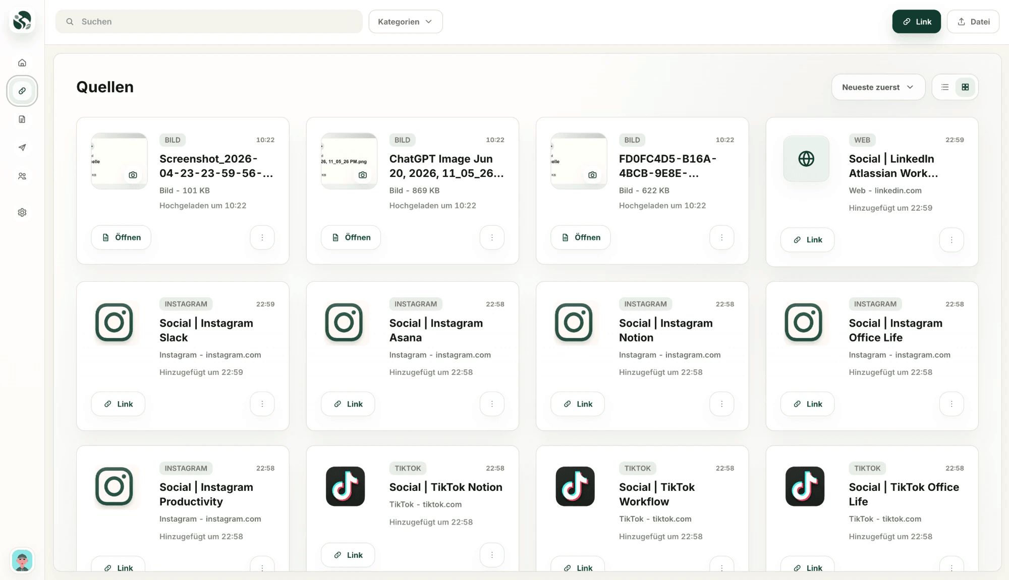 The Sources view: links, files and categories in one shared place